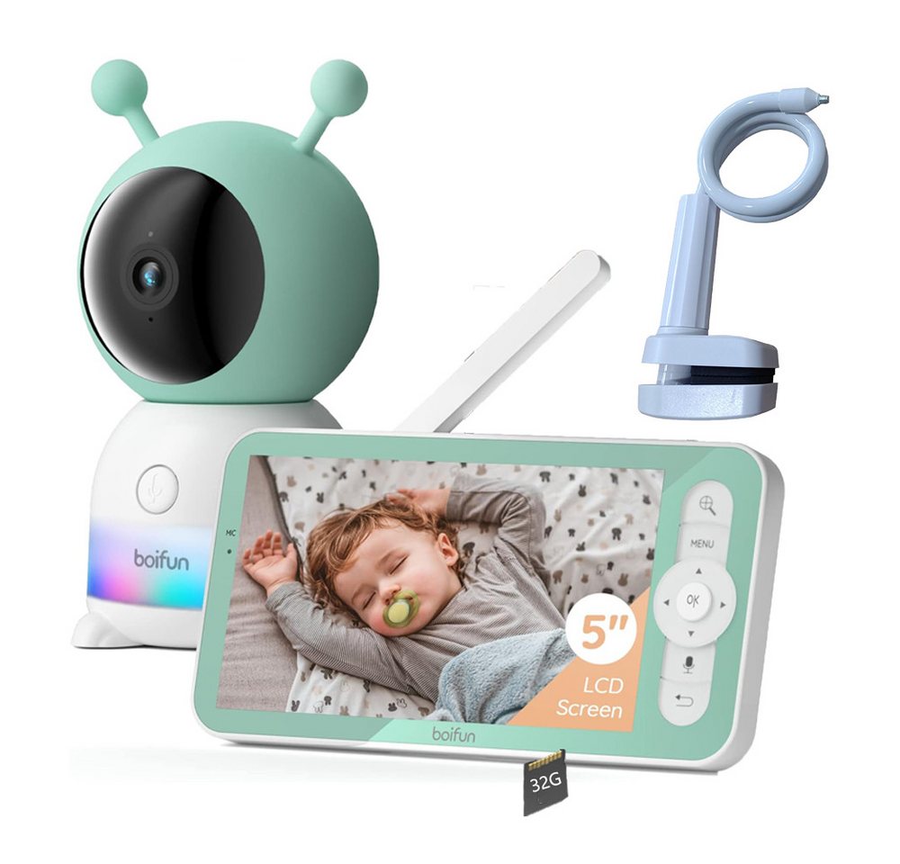 Boifun Babyphone 5 Zoll Babyphone mit Kamera App mit Halterung mit 32G Karte, Split-Screen-Anzeige 2K HD Bild PTZ 355°/60° 4×Zoom, 1-tlg., Automatische Verfolgung Weinen/Bewegungs/Geräuscherkennung, Temperatur und Feuchtigkeitsmessung von Boifun