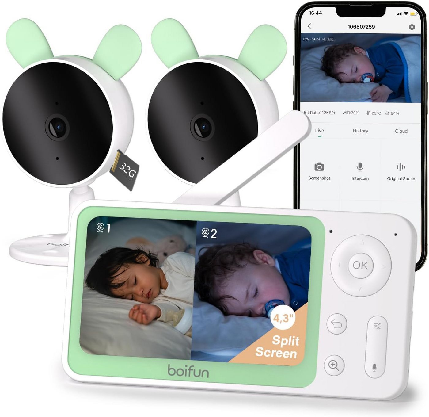 Boifun Babyphone Babyphone mit 2 Kamera und APP 1080P 4.3 Zoll WLAN Video Babyfon, Weinen/Bewegungs/Geräuscherkennung,4X Zoom,WLAN Babyfon, Zweiseitiger Dialog,Zonenalarme,Fütterungserinnerung,Schlaflieder, PRIVACY FIRST Baby Monitor Babyfon Kamera VOX-Modus von Boifun