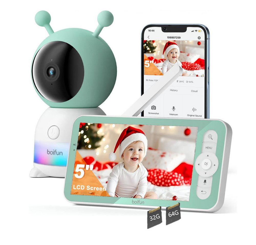 Boifun Babyphone Babyphone mit Kamera 2K & 4X Zoom 5" HD WLAN Video Babyfon mit App, Nachtlicht Nachtsicht, Bewegungs&Geräusch&Temperaturerkennung, 2-Wege-Gespräch, 360° Ansicht, WLAN Video Babyfon mit App, 4×Zoom, IR-Nachtsicht Feuchtigkeitsmessung, Mit anderen Familienmitgliedern Teilen von Boifun