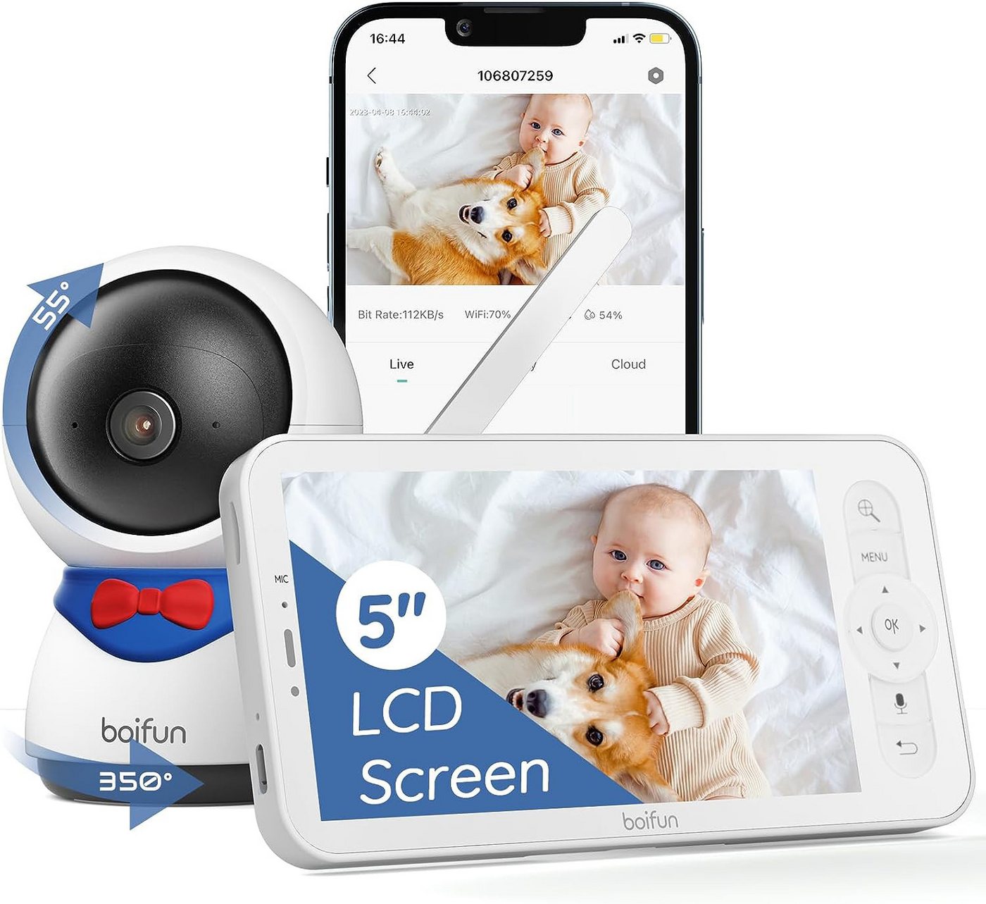 Boifun Babyphone Babyphone mit Kamera ApP 5 Zoll LCD-Display Babyfon PT 350°/55, Automatisches AI-Tracking, Zonenalarme, 1080P HD, 4×Zoom, Zonenalarme, 1-tlg., Bewegungs/Geräuscherkennung,Automatische Verfolgung, 4xVergröBerung,Bereich Alarm von Boifun