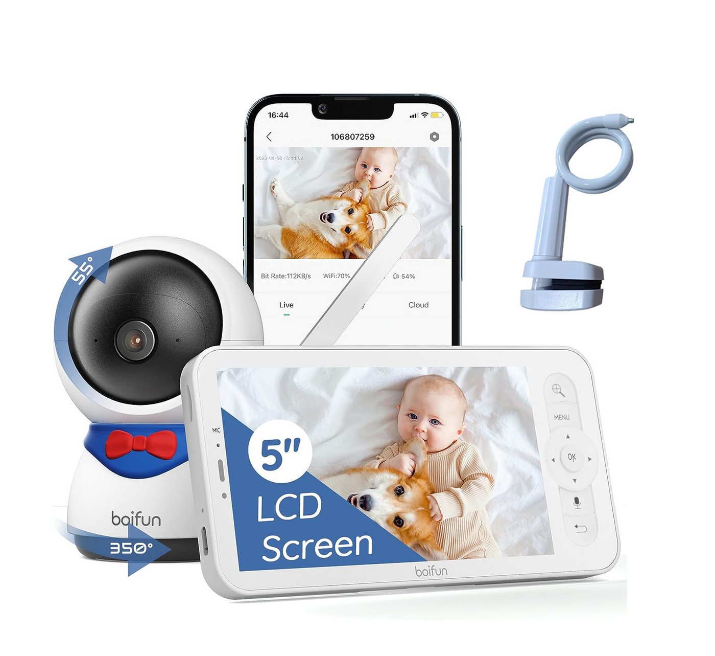 Boifun Babyphone Babyphone mit Kamera App 5 Zoll LCD-Display Babyfon mit Halterung, PTZ 360° View 1080P HD 4×Zoom VOX-Modus, 1-tlg., Bewegungs/Geräuscherkennung Fütterungserinnerungen Wiegenlieder, ECO Modus Zonenalarme von Boifun