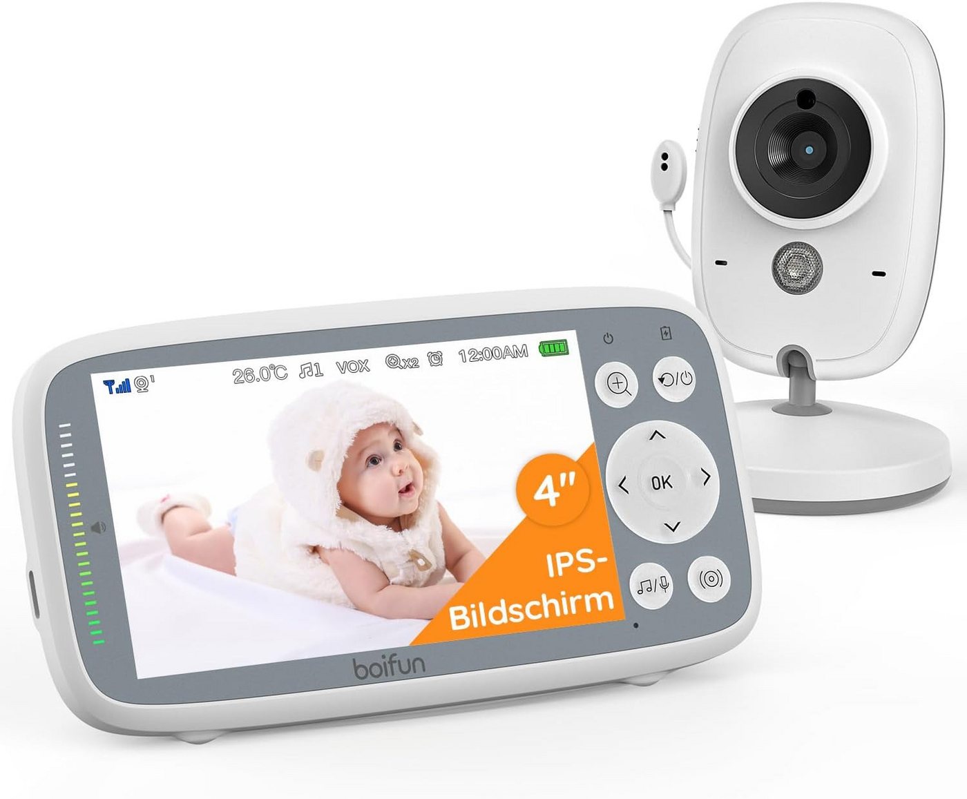 Boifun Babyphone Babyphone mit Kamera und Audio VOX Nachtsicht Babyfon, 4" großer Digital IPS Bildschirm Wireless Zwei-Wege-Gespräch, 1-tlg., Wiegenlieder 30 Stunden wiederaufladbare Batterie 300 m Reichweite, 2024 Verbessert Babyphone ideal für Eltern von Boifun