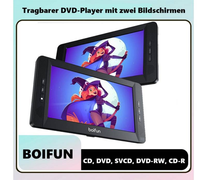 Boifun DVD Player Auto 2 Bildschirme 10,5"Mit 7 Stunden Akku Tragbarer IN/Out Portabler DVD-Player (1024 * 600 HD, Unterstützt alle Regionen,mehrere Formate Kopfstützenhalterung USB AV IN/Out FM, 32 GB Festplatte, für USB/TF-Karte/AV-Übertragung 7 Stunden Wiederaufladbare Batterie) von Boifun