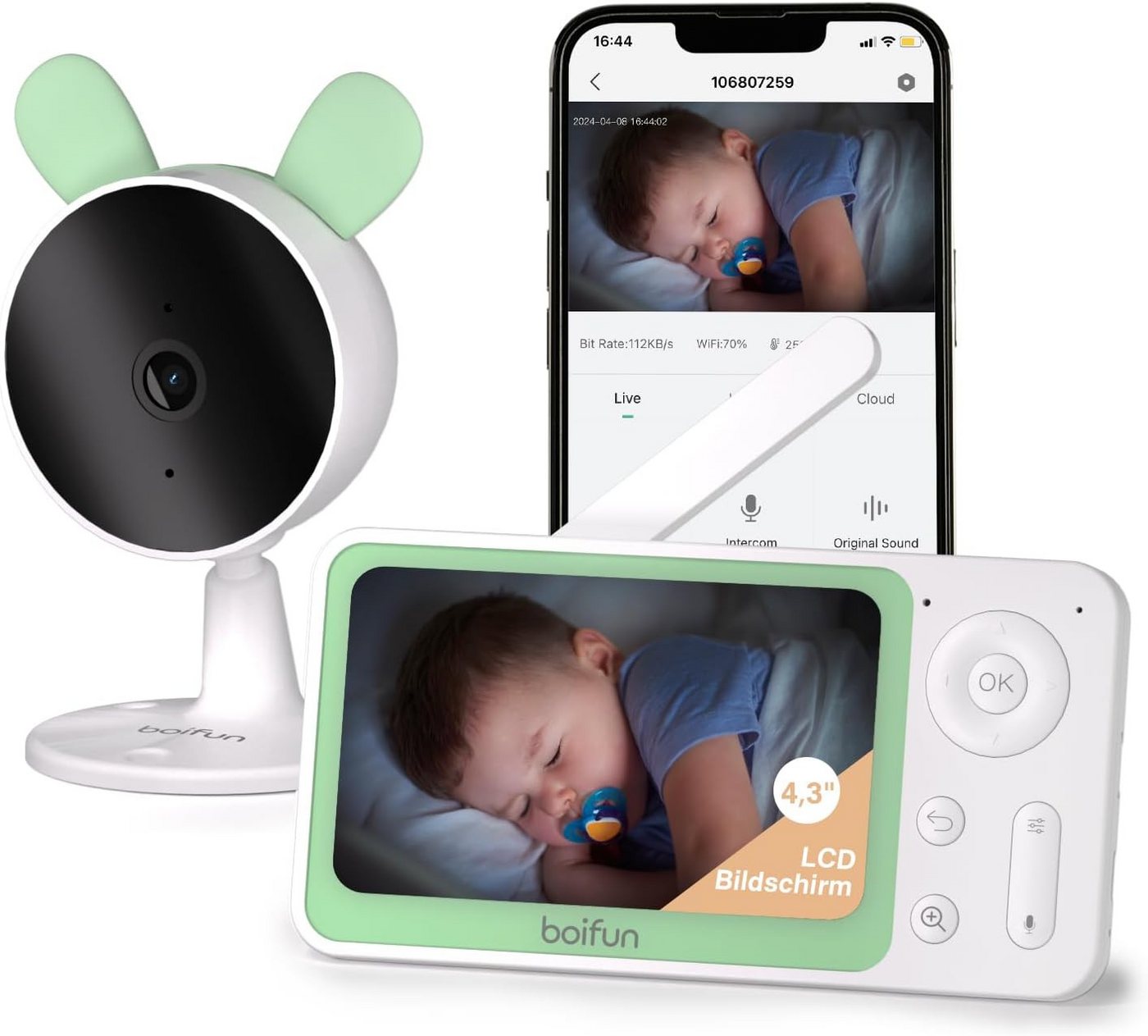 Boifun Video-Babyphone 4,3 Zoll Babyphone mit Kamera App Einstiegsmodell, 4,3 Zoll WLAN Video Babyfone Weinen/Bewegungs/Geräuscherkennung, Intelligente Nachtsicht Weitwinkelkamera Zweiseitiger Dialog, 4X Zoom WLAN Babyfon VOX-Modus Hohe Reichweite von Boifun