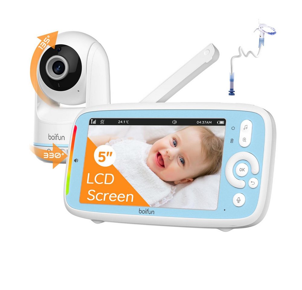 Boifun Video-Babyphone 5 Zoll Babyphone mit Kamera Video Baby Monitor mit Halterung, Babykamera Monitor Kein WiFi 3050mAh Akku VOX Modus, 1-tlg., Nachtsicht 2-Wege Gespräch PTZ 360° Reise Video Babyphone Portable, Temperaturüberwachung Wiegenlieder Lange Akkulaufzeit von Boifun