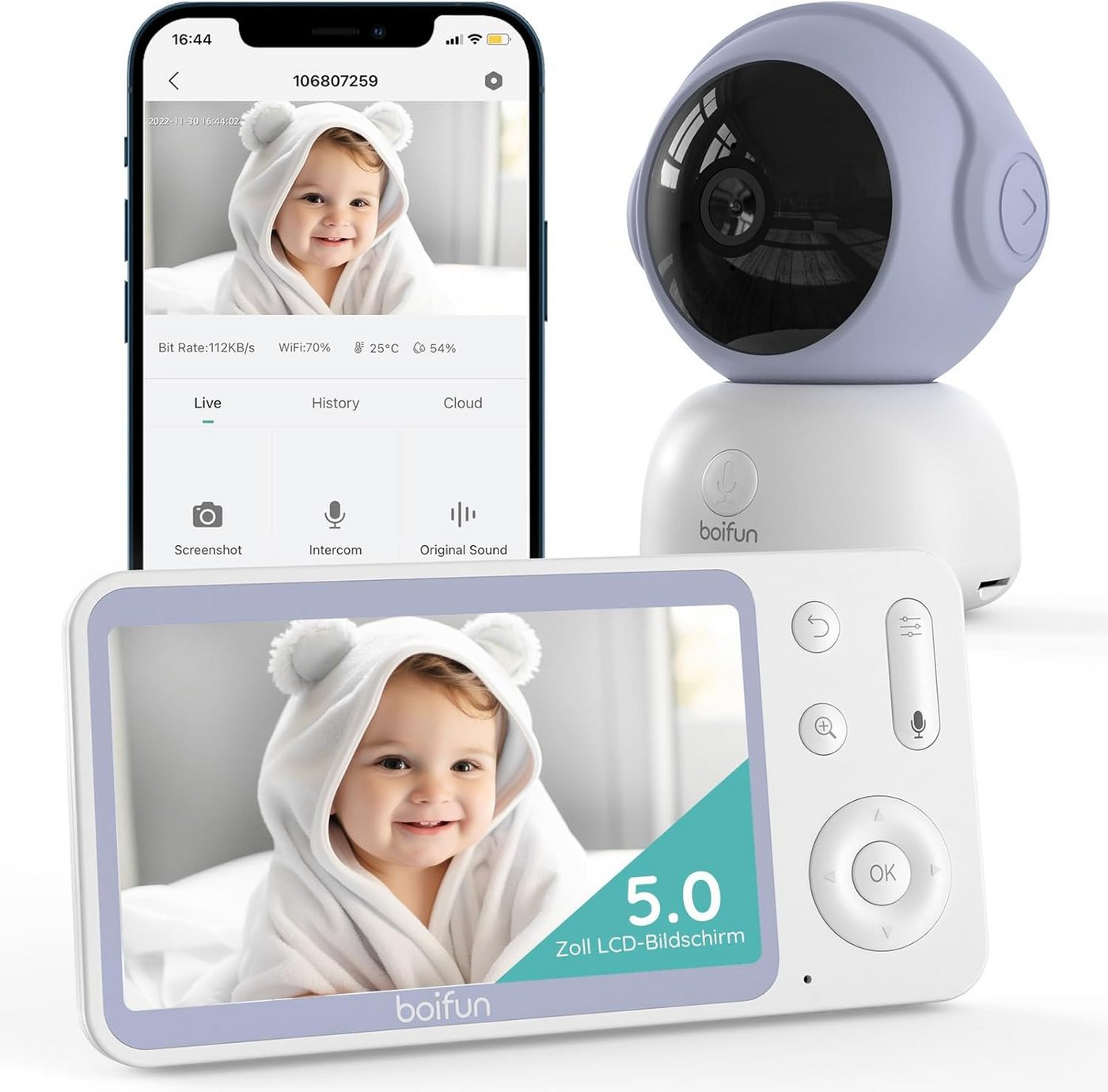 Boifun Video-Babyphone Babyphone 720P mit Kamera 5 Zoll Baby Monitor, mit Kamera und Audio WLAN, 3000-mAh-Akku, unterstützt Temperaturüberwachung Schlaflied Wecker, Nachtsicht, Bidirektionales Interkom, Zwei-Wege-Audio VOX-Modus von Boifun