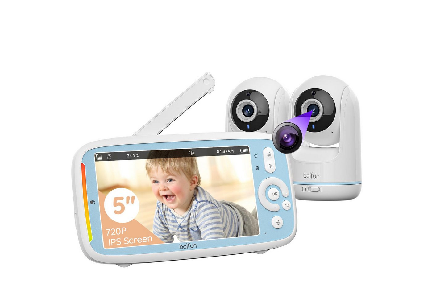 Boifun Video-Babyphone Babyphone mit 2 Kamera 5 " Baby Monitor 720p Baby Phone Digitalzoom, Video Babyfon mit App, 3×Zoom, IR-Nachtsicht, 2-Wege-Audio, Temperaturüberwachung Schlaflied Wecker,VOX-Modus, 940nm unsichtbare infrarot-Nachtsicht,Unterstutzt bis zu 4 Kameras von Boifun