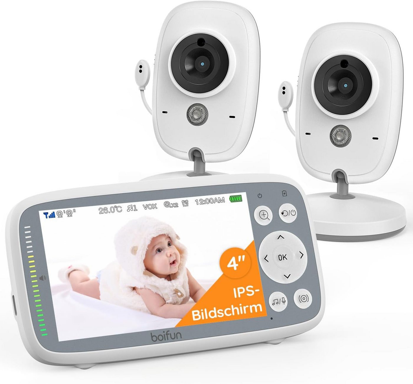 Boifun Video-Babyphone Babyphone mit 2 Kameras und Audio 30-Stunden-Akku, 4 Zoll Digital IPS Bildschirm Wireless Video-Baby-Monitor mit 2 Kameras, 1-tlg., Zwei-Wege-Gespräch Wiegenlieder VOX Nachtsicht Babyfon, 2024 Verbessert Babyphone ideal für Eltern von Boifun