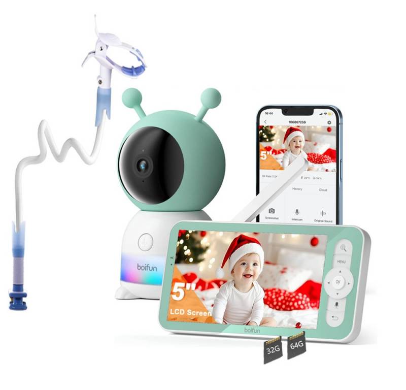 Boifun Video-Babyphone Babyphone mit Kamera 2K & 4X Zoom 5" HD WLAN Video Babyfon mit App, Nachtlicht Nachtsicht, Bewegungs&Geräusch&Temperaturerkennung, 2-Wege-Gespräch, 360° Ansicht, WLAN Video Babyfon mit App, 4×Zoom, IR-Nachtsicht Feuchtigkeitsmessung, Mit anderen Familienmitgliedern Teilen von Boifun