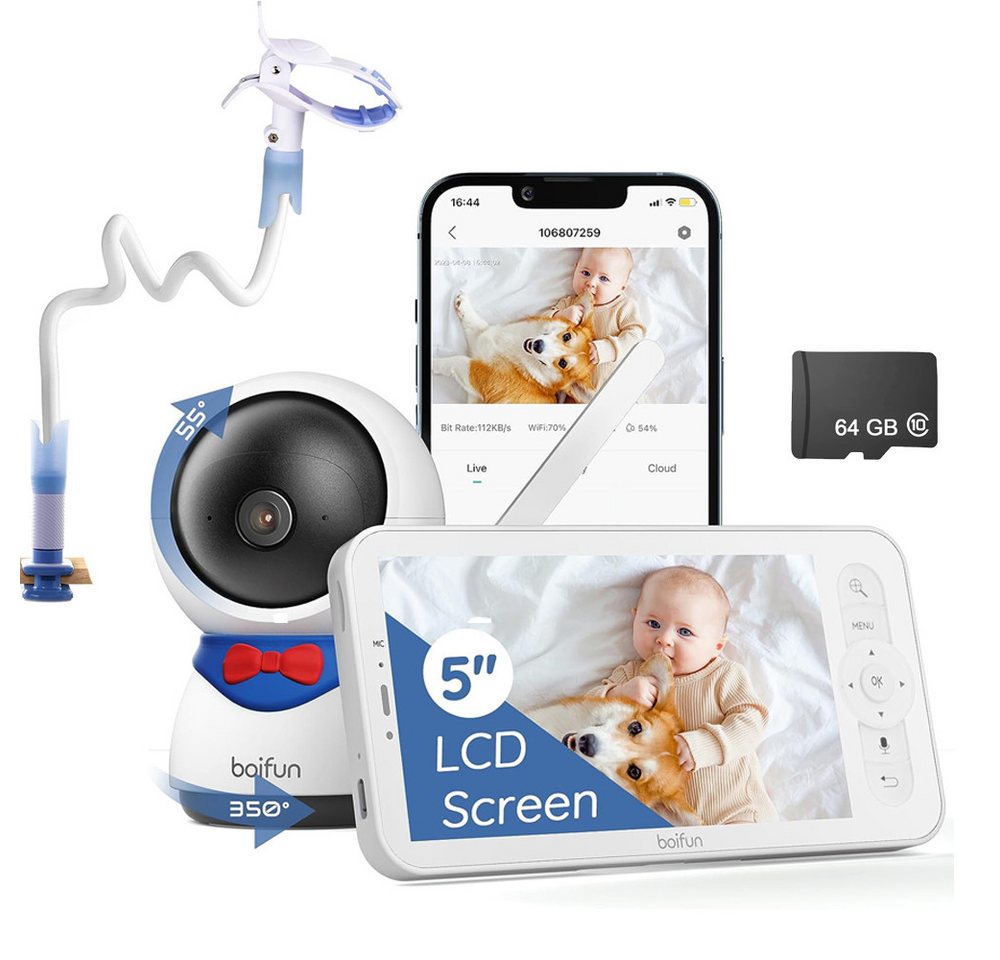 Boifun Video-Babyphone Babyphone mit Kamera WLAN Babyfon Video Baby Monitor with Kamera & APP, Automatisches AI-Tracking, Zonenalarme, 1080P HD, PT 350°/55°, 4×Zoom, 5 Zoll LCD-Display Babyfon, Bewegungs/Geräuscherkennung, Zwei-Wege-Audio, Schlaflieder von Boifun