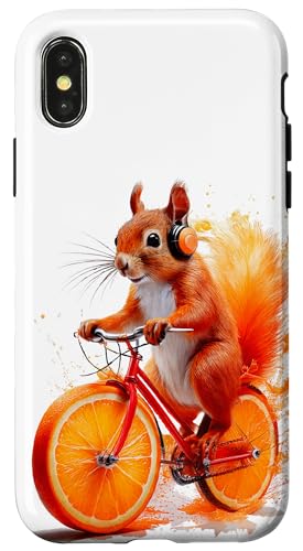 Hülle für iPhone X/XS Eichhörnchen Fahrrad Kopfhörer Orangensaft von Bonito Fracaso