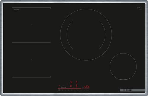 Bosch PVS845HB1E Serie 6 Smartes Induktionskochfeld (autark), 80 cm breit, Kombination zweier Kochzonen, 28 cm große Induktions-Kochzone, Umlaufender Rahmen, Kochfeldbasierte Haubensteuerung von Bosch