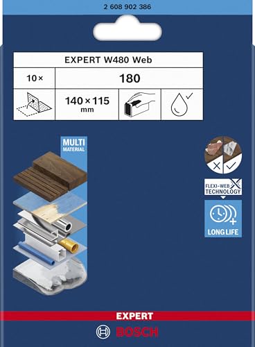 Bosch 10x EXPERT W480 Web 1/4 Handschleifblatt (für Hartholz, Farbe auf Holz, Ø 115x140 mm, Körnung 180, Professional Zubehör Handschleifen) von Bosch