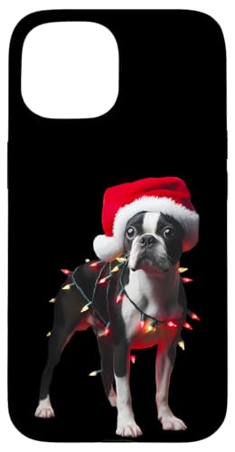 Hülle für iPhone 15 Boston Terrier mit Weihnachtsmütze und Weihnachtsbeleuchtung Hundebesitzer von Boston Terrier Christmas Products