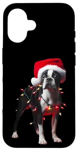 Hülle für iPhone 16 Boston Terrier mit Weihnachtsmütze und Weihnachtsbeleuchtung Hundebesitzer von Boston Terrier Christmas Products