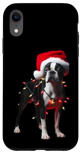 Hülle für iPhone XR Boston Terrier mit Weihnachtsmütze und Weihnachtsbeleuchtung Hundebesitzer von Boston Terrier Christmas Products