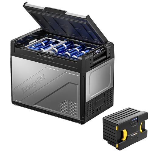 BougeRV Rocky 52L Kompressor Kühlbox Auto mit Akku Aufladbarem Solarbetrieben, Zweizonen-Temperaturregelung APP-Steuerung, Akkubetrieben Auto Kühlschrank mit Batterie 12/24V 230V für Camping Boot von BougeRV