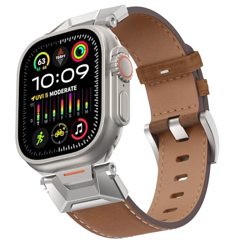 Bouixel Leder Armband kompatibel für Apple Watch Armband 49mm 46mm 45mm 44mm 42mm, Echtes Lederarmband mit Metallverbinder für iWatch Ultra/Ultra 2 Series 10 9 8 7 6 5 4 3 2 1 SE von Bouixel