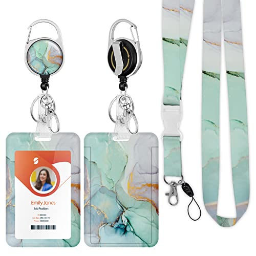 ID Badge Holder mit Lanyard, einziehbare ID Badge Card Holders Abnehmbare Hals Lanyard Strap mit Badge Reel und vertikale ID-Halter für Krankenschwester Studenten (Marble Light Green Golden) von Boutilon