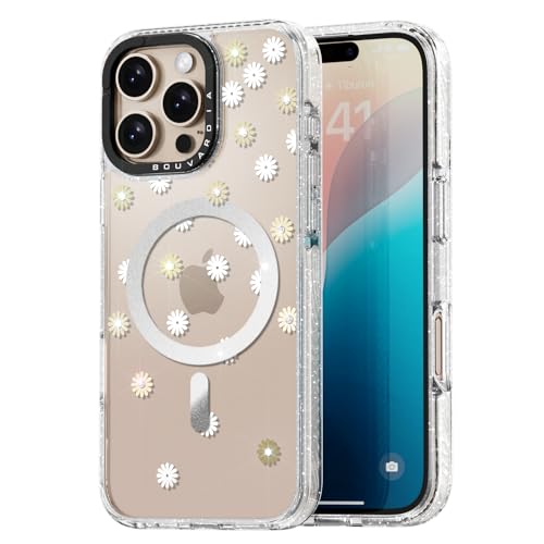 Bouvardia Floral Gems Schutzhülle für iPhone 16 Pro, kompatibel mit MagSafe, transparent, stoßfest, mädchenhaft, magnetisch, mit glitzernden Strasssteinen, für Mädchen und Frauen, niedliches von Bouvardia