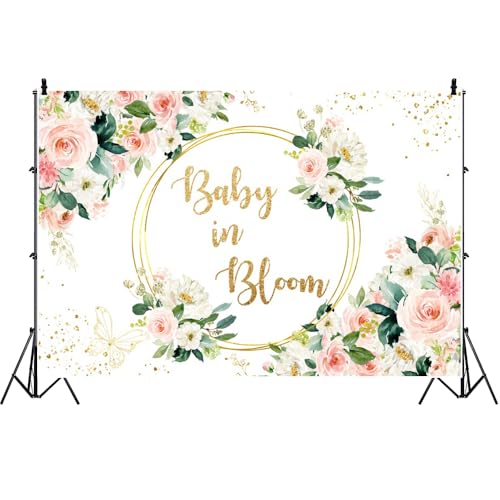 Bovlleetd Baby Shower Hintergrundkulisse Baby In Blossom Gilt Lettering Rosa Weiße Rosen Frisches Grün Durchbrochene Schmetterlinge Morning Glory Gender Reveal Hintergrundkulisse5x3ft Vinyl von Bovlleetd