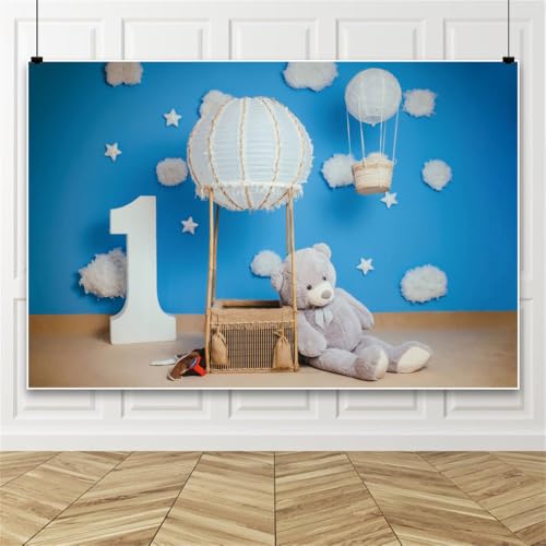 Bovlleetd Blau ersten Geburtstag Fotografie Hintergrund, verträumte Teddybär Heißluftballon Hintergrund für Baby-Dusche Geburtstage Party Graduierung Zeremonien Hochzeiten 250x450cm Vinyl von Bovlleetd