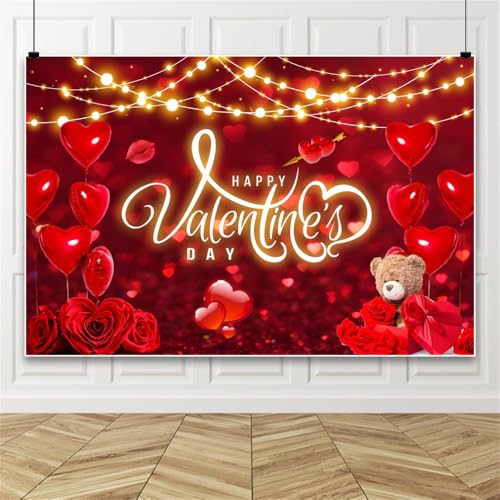 Bovlleetd Glücklich Valentinstag Rote Hintergrund Amors Pfeil Liebe Ballon Bär Hintergrund für Valentinstag Fotokulisse Hochzeit Valentinstag Party Dekoration 100x150cm Vinyl von Bovlleetd