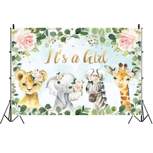 Bovlleetd Hintergrund für Babyparty It's a Girl Healing Fairy Tale Leaf Circle with Flowers Cute Leopard Elephant Zebra Giraffe Smile Hintergrundtuch für Geschlechtsenthüllung 10x8ft Vinyl von Bovlleetd