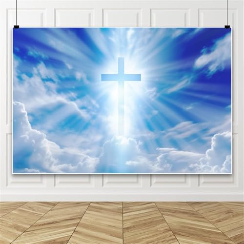 Bovlleetd Jesus Kreuz dunkelblau nebligen Himmel Fotografie Hintergrund Christus Hintergrund für Epiphanie Säugling Taufe Kirche Dekoration christliche Veranstaltungen Fotohintergrund10x6.5ft Vinyl von Bovlleetd