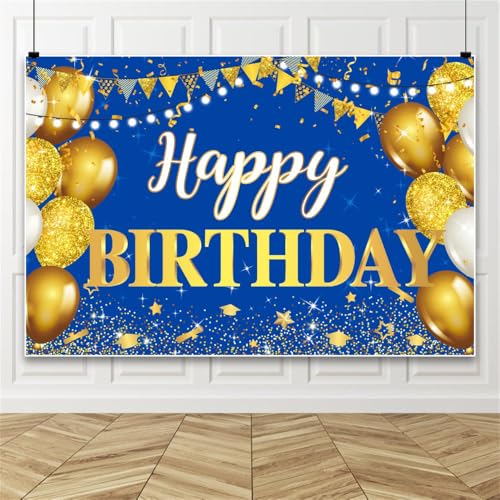 Bovlleetd Klein Blau Alles Gute zum Geburtstag Hintergrund Partei Luftballons Fotokulisse mit Kleine Farbfahne Funkelnde Lichterkette Glücks-Nordstern-Kulisse 10x6.5ft Vinyl von Bovlleetd