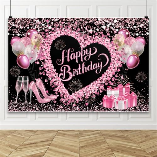 Bovlleetd Schwarzer Alles Gute zum Geburtstag Hintergrund Rosa Riesenherz Fotografie Hintergrund Partei Luftballons Geschenk Boxen mit Bögen Rosa Schuhe mit hohem Absatz Hintergrund 12x10ft Vinyl von Bovlleetd