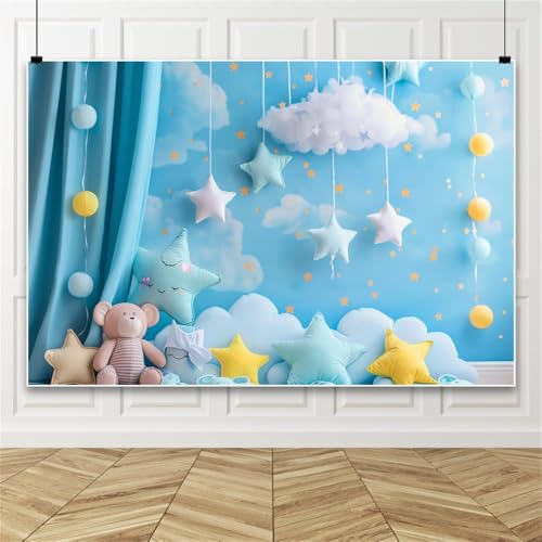 Bovlleetd Träumerisch Gelb Blau Sterne Baumwolle Wolken Teddybär Fotografie Hintergrund, Hintergrund für Baby-Dusche Geburtstage Party Graduierung Zeremonien Hochzeiten 100x150cm Vinyl von Bovlleetd