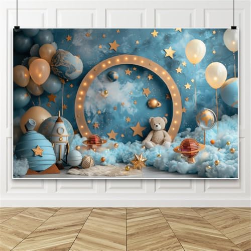 Bovlleetd Träumerisch Raum Abenteurer Fotografie Hintergrund, Teddybär Ballon Rakete Party Hintergrund, Hintergrund für Baby-Dusche Geburtstage Graduierung Zeremonien Hochzeiten 180x270cm Vinyl von Bovlleetd