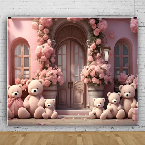 Bovlleetd Valentinstag rosa Rose Bär Familie Hintergrund Blumen Hintergrund für glückliche Valentinstag Fotohintergrund Hochzeit Valentinstag Party Dekoration 180x350cm Vinyl von Bovlleetd