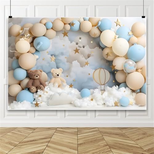 Bovlleetd Verträumt Blau Beige Luftballons Baumwollwolken Teddybär Fotografie Hintergrund, Hintergrund für Baby Dusche Geburtstage Party Abschlussfeier Zeremonien Hochzeiten 180x270cm Vinyl von Bovlleetd