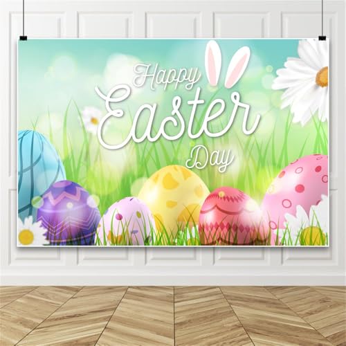 Frohe Ostern Dekorationen Hintergrund, Illustration Stil Ostereier Hase und Blume Fotografie Hintergrund, Ostern Hintergrund für Party 150x220cm Vinyl von Bovlleetd