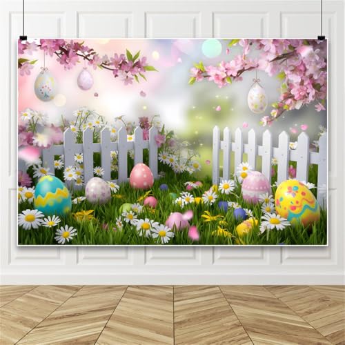 Ostern Dekorationen Hintergrund, Ostereier Hecken Wiese Blumen Fotografie Hintergrund, Ostern Kulisse für Party 150x220cm Vinyl von Bovlleetd