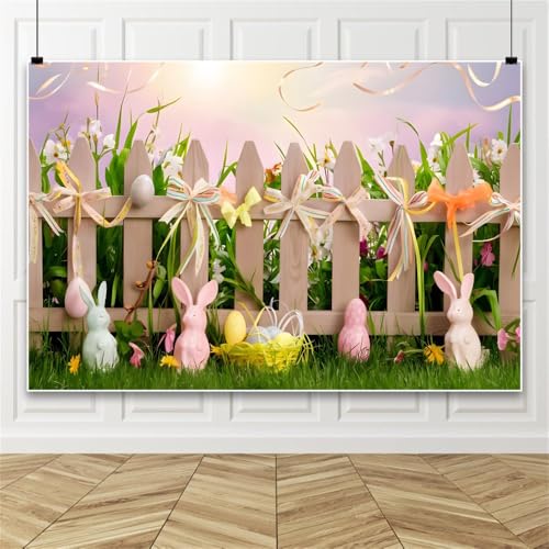 Ostern Dekorationen Hintergrund, Ostereier und Hase Zaun Wiese Fotografie Hintergrund, Ostern Hintergrund für Party 250x450cm Vinyl von Bovlleetd