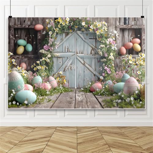 Ostern Dekorationen Hintergrund, Vintage Holztür Ostereier und Blumen Fotografie Hintergrund, Ostern Hintergrund für Party 150x220cm Vinyl von Bovlleetd