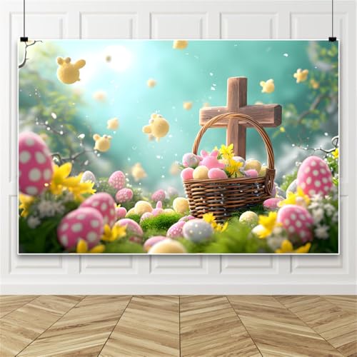 Ostern Dekorationen Hintergrund, rosa und gelbe Ostereier und hölzerne Jesus Kreuz Fotografie Hintergrund, Ostern Hintergrund für Party 200x300cm Vinyl von Bovlleetd