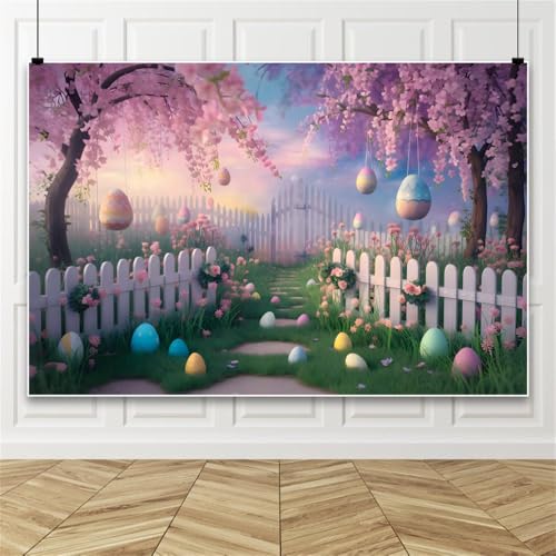 Ostern Dekorationen Hintergrund, rosa und lila Himmel Blumen Ostereier und Zaun Fotografie Hintergrund, Ostern Hintergrund für Party 250x350cm Vinyl von Bovlleetd