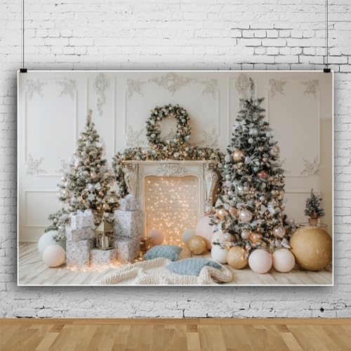 Weihnachts-Fotohintergrund, Weihnachts-Hintergrund für Fotografie, Weihnachtsszene mit weißem Kamin, Winter-Weihnachts-Fotohintergrund Xmas Tree Vinyl 7x5ft von Bovlleetd