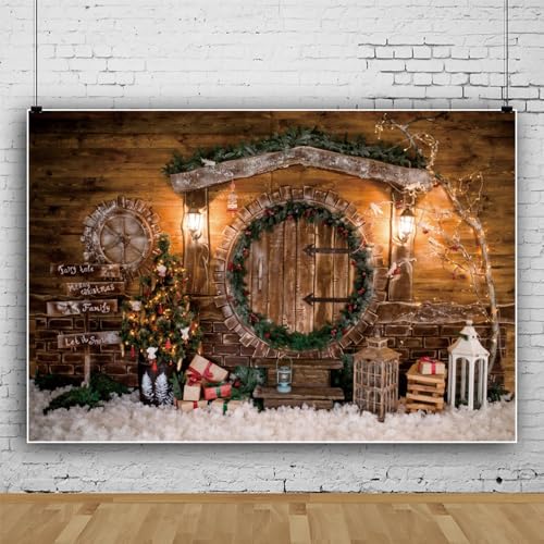 Weihnachts-Hintergrund, Weihnachts-Fotohintergrund, Weihnachts-Holz-Wand-Fotohintergrund, Weihnachts-Fotohintergrund mit Xmas-Kranz und Xmas-Baum Vinyl 12x8ft von Bovlleetd