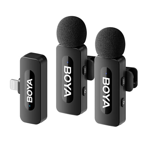 BOYA by-V2 Wireless Lavalier Mikrofon (2TX+1RX) for iPhone, Mini Handy Mikrofon iPhone Kabellos, Rauschunterdrückung, Dual Ansteckmikrofon für YouTube, Podcast, Facebook, Tiktok Vlogging Aufnahmen von Boya