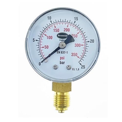 Brannan 50 mm Messuhr mit 1/4 Zoll BSP-Bodenanschluss für HVAC, Luft, Wasser, Öl und Gas, Stahlgehäuse, mechanisches Manometer (0-25 bar / 0-363 psi) von Brannan