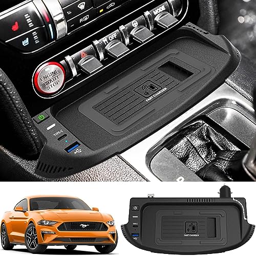 Braveking1 Kabelloses Ladegerät Auto für Ford Mustang 2022 2021 2020 2019 2018 2017 2016 2015, 15W Qi Schnellladendes Handy-Ladegerät mit QC3.0-USB-Anschluss für iPhone 12/13/13 Pro Samsung S22/S21 von Braveking1