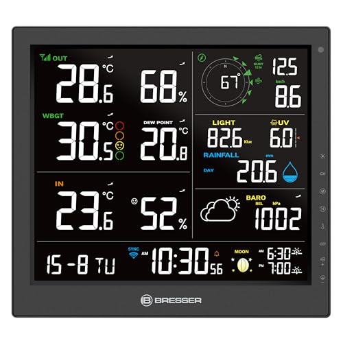 Bresser 8-in-1 MeteoTemp JW WLAN-Wetterstation, 10"-Display, Regen- und Windmesser, Hitzestress-Index, Wettervorhersage, Multisensor, WLAN von Bresser