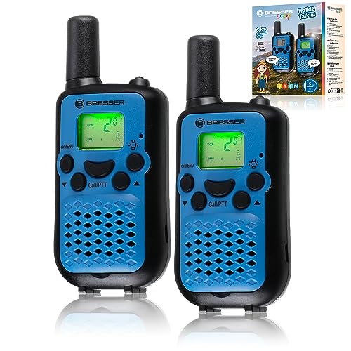 Bresser Junior Walkie-Talkies für Kinder, 2er-Set, Funkgeräte mit sehr hoher Reichweite bis zu 6 km, Frei-Hand-Funktion und integrierter Taschenlampe, Blau von Bresser