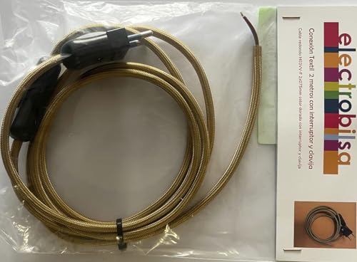 2 Meter goldfarbenes Textilkabel (2 x 0,75 mm) mit Stecker und schwarzem Schalter. Ideal für die Beleuchtung mit Eleganz und verleihen jedem Raum einen unverwechselbaren Touch mit Stil und von Brightium