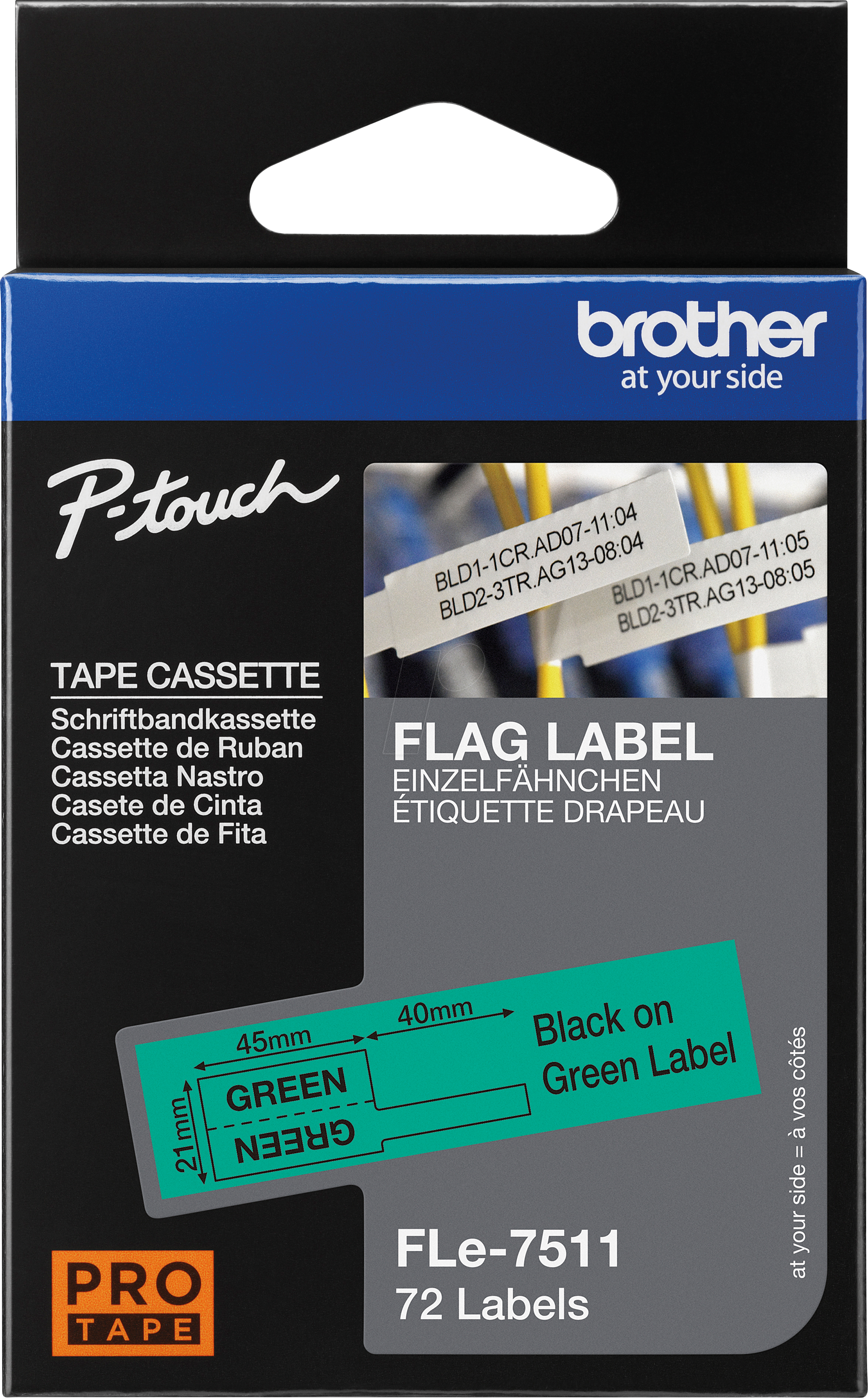 P-TOUCH FLE7511 - Einzelfähnchen-Etiketten, schwarz auf grün, 21 x 45 mm von Brother